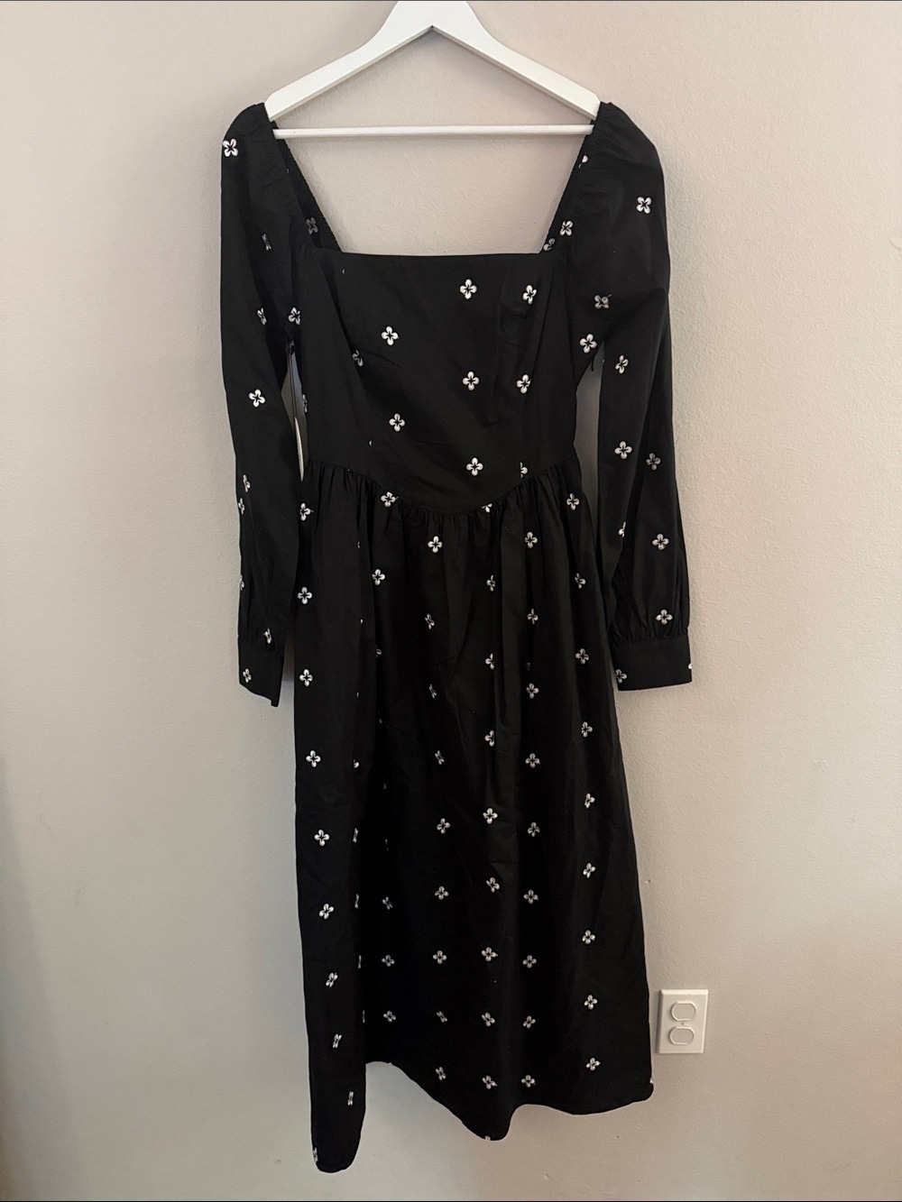 Lost + Wander Black Long Sleeve Midi Dress with White Floral Embroidery